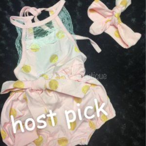 💗HOST PICK💗 Pink & Gold Lace Belted Bubble Romper w/ Matching headband (2)